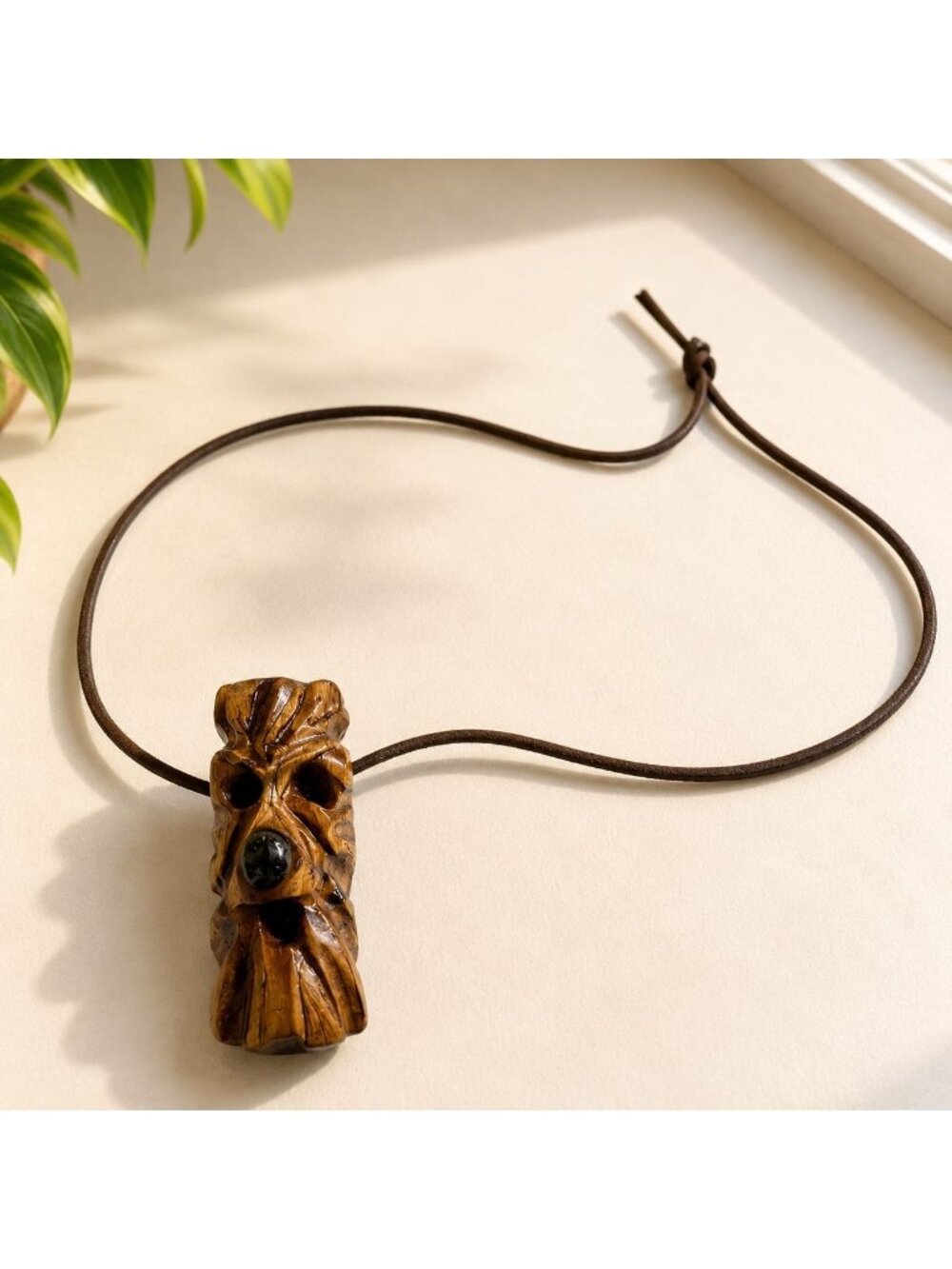 Hand-Carved Wooden Tribal Face Pendant Necklace With Adjustable Cord - Rustic Bo